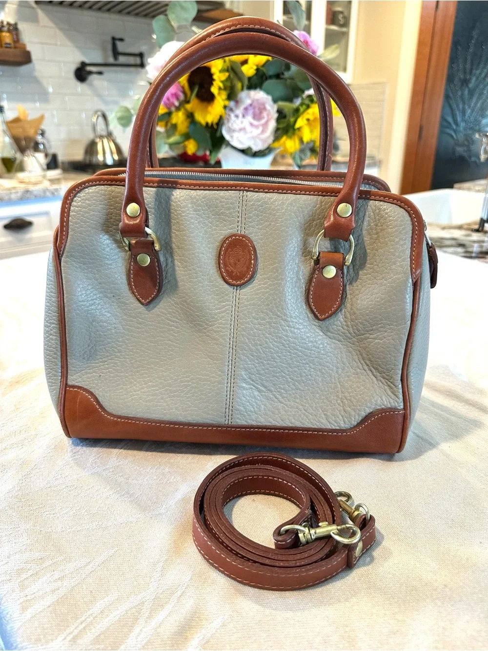 Genuine Pebbled Leather Satchel Liz Claiborne Taupe Brown Crossbody Bag - Picture 2 of 10